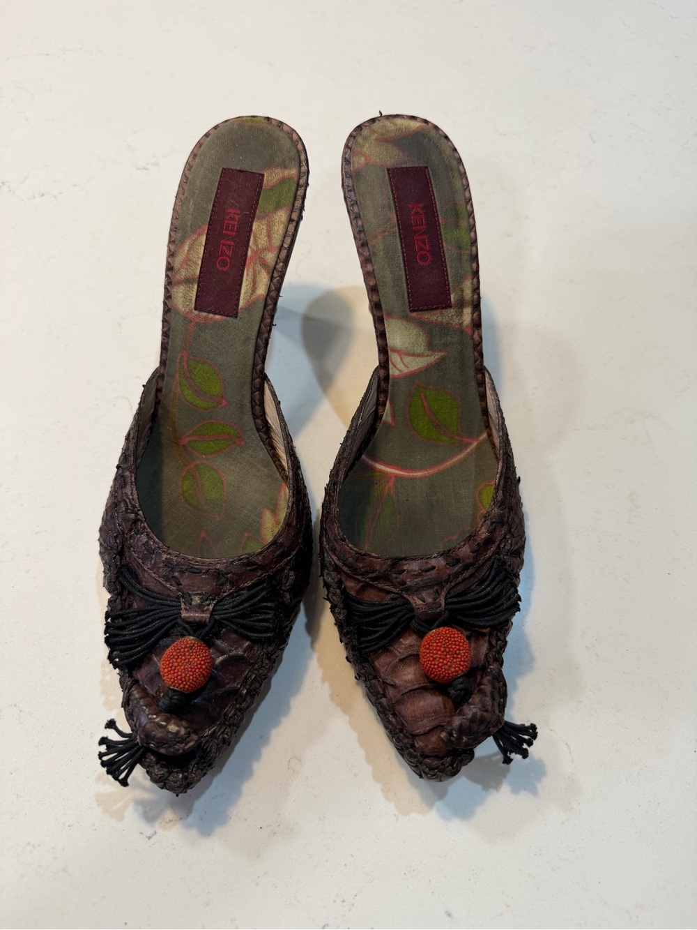 Kenzo Brown Woven Pointed Slip-On Mules with Orange Button Detail